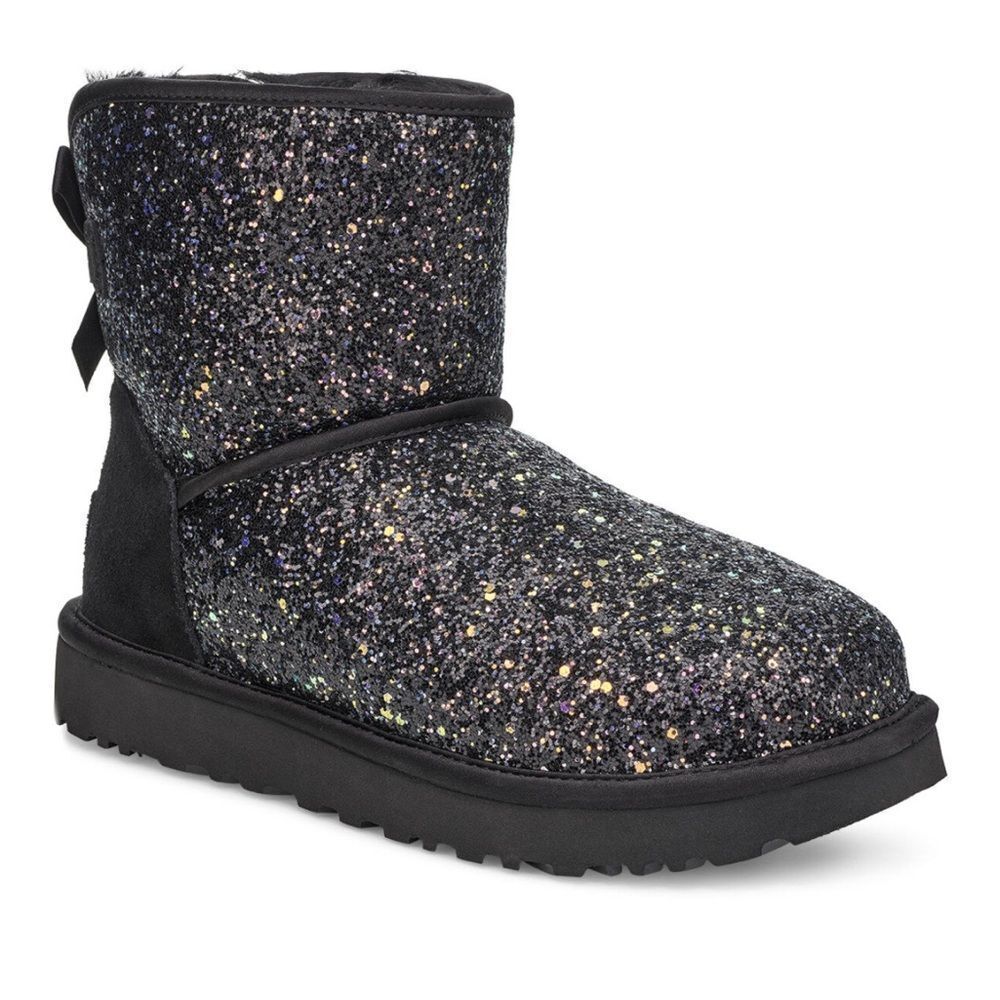 UGG AUSTRALIA CLASSIC MINI BOW CHUNKY GLITTER COSMOS BOOTIES BLACK 6.5